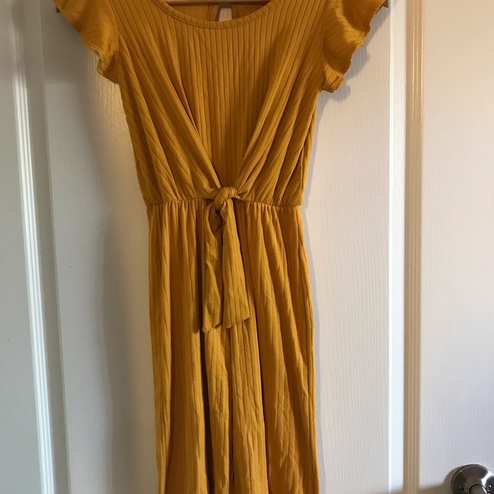 Kids Ribbed Mustard Yellow One-Piece with Tie Waist